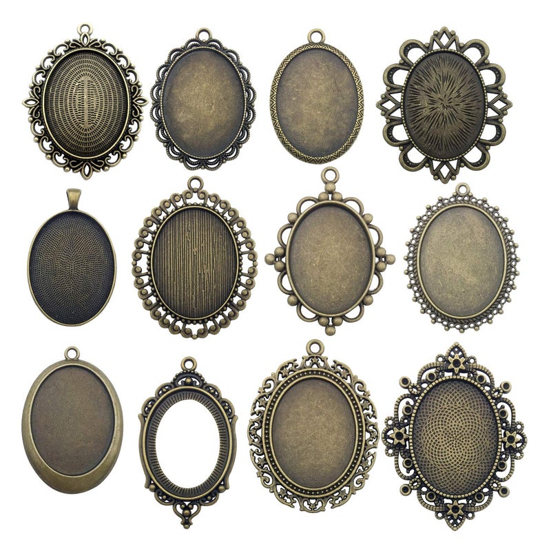 Youdiyla 10 Pendant Trays, 30x40mm, Blank Oval Cabochons Base Setting Bezel Frame Metal Cameo for Photo Pendant Jewelry Making (Antique Bronze-HM277) - Image 1